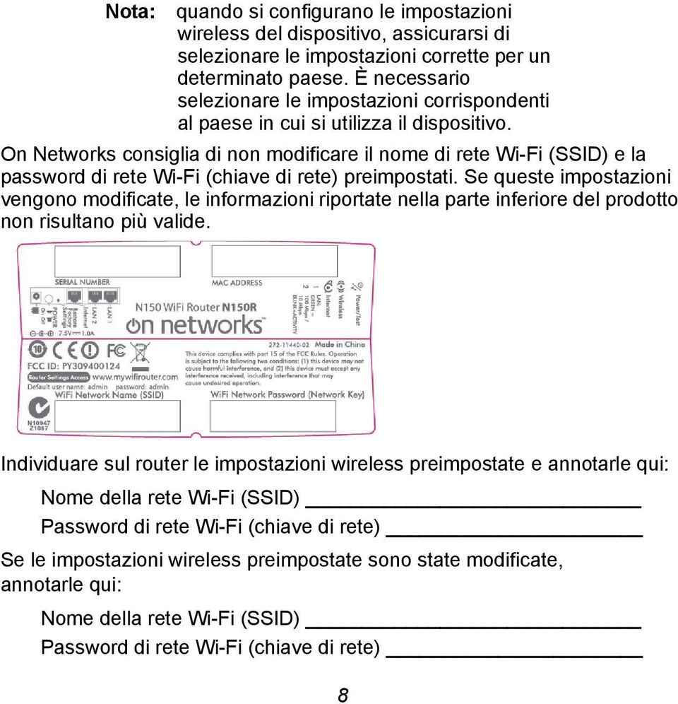 On Networks consiglia di non modificare il nome di rete Wi-Fi (SSID) e la password di rete Wi-Fi (chiave di rete) preimpostati.