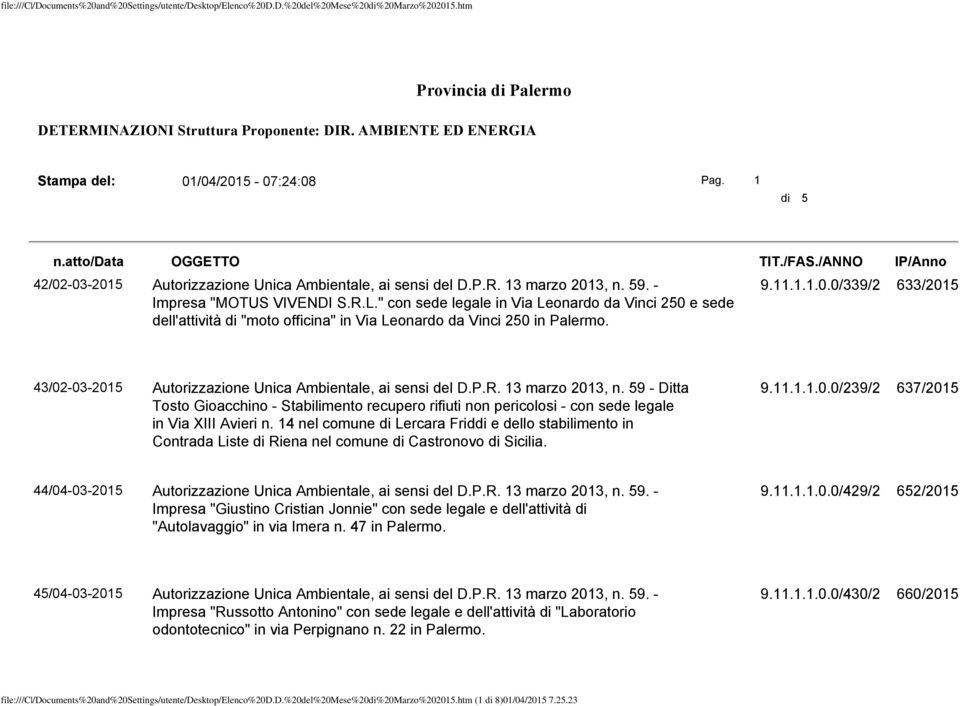 P.R. 13 marzo 2013, n. 59 - Ditta Tosto Gioacchino - Stabilimento recupero rifiuti non pericolosi - con sede legale in Via XIII Avieri n.