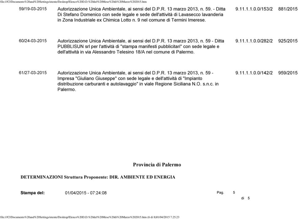 0/153/2 881/2015 60/24-03-2015 Autorizzazione Unica Ambientale, ai sensi del D.P.R. 13 marzo 2013, n.