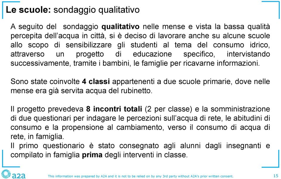 Sono state coinvolte 4 classi appartenenti a due scuole primarie, dove nelle mense era già servita acqua del rubinetto.