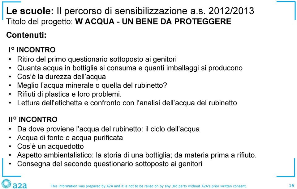 Lettura dell etichetta e confronto con l analisi dell acqua del rubinetto II INCONTRO Da dove proviene l acqua del rubinetto: il ciclo dell acqua Acqua di fonte e acqua purificata Cos è un acquedotto