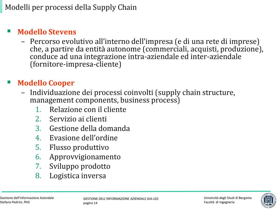 Modello Cooper Individuazione dei processi coinvolti (supply chain structure, management components, business process) 1. Relazione con il cliente 2.