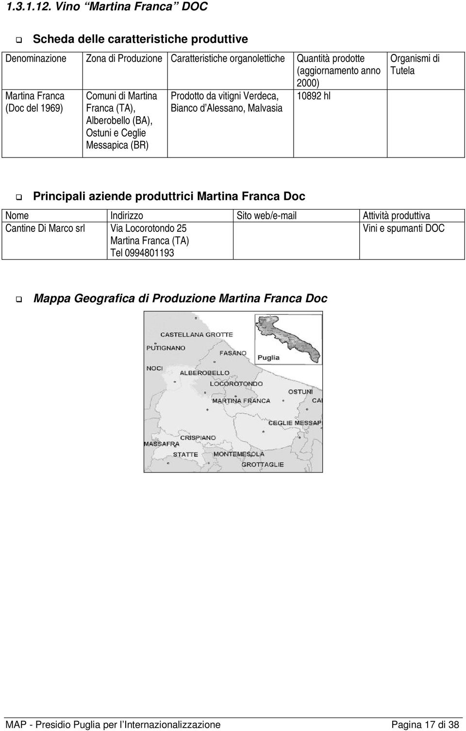 Martina Franca (TA), Alberobello (BA), Ostuni e Ceglie Messapica (BR) Prodotto da vitigni Verdeca, Bianco d Alessano, Malvasia 10892 hl Principali