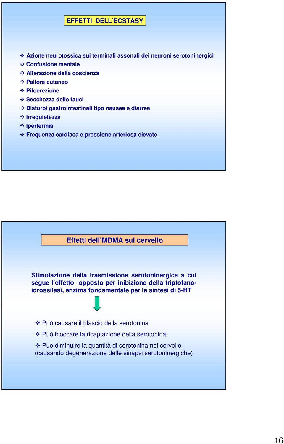 Stimolazione della trasmissione serotoninergica a cui segue l effetto opposto per inibizione della triptofanoidrossilasi, enzima fondamentale per la sintesi di 5-HT Può causare