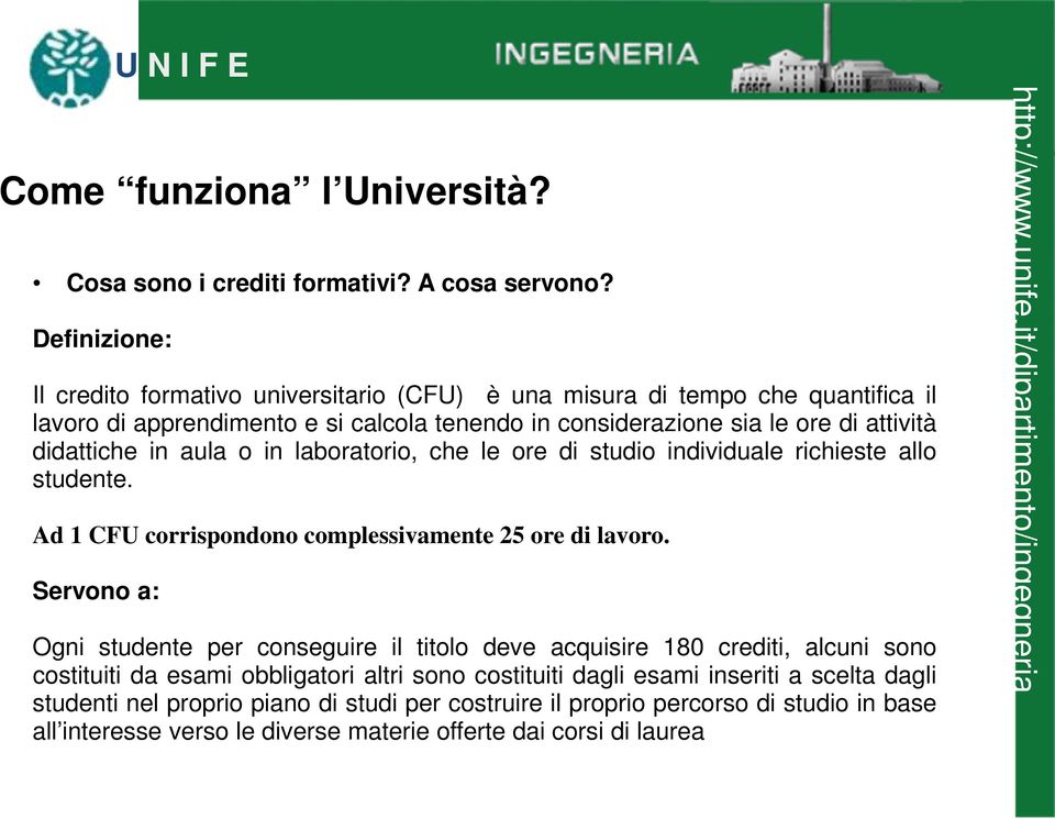 didattiche in aula o in laboratorio, che le ore di studio individuale richieste allo studente. Ad 1 CFU corrispondono complessivamente 25 ore di lavoro.