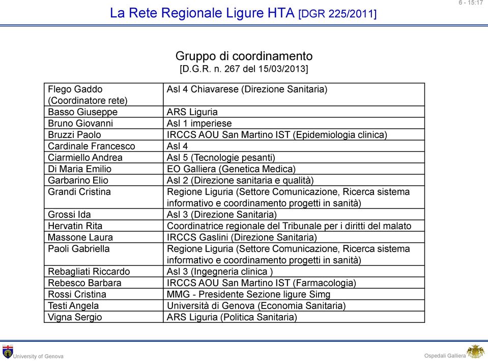 (Epidemiologia clinica) Cardinale Francesco Asl 4 Ciarmiello Andrea Asl 5 (Tecnologie pesanti) Di Maria Emilio EO Galliera (Genetica Medica) Garbarino Elio Asl 2 (Direzione sanitaria e qualità)