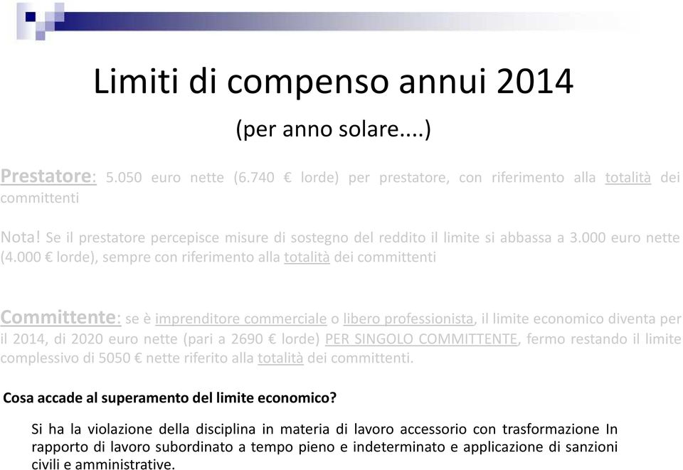 000 lorde), sempre con riferimento alla totalità dei committenti Committente: se è imprenditore commerciale o libero professionista, il limite economico diventa per il 2014, di 2020 euro nette (pari