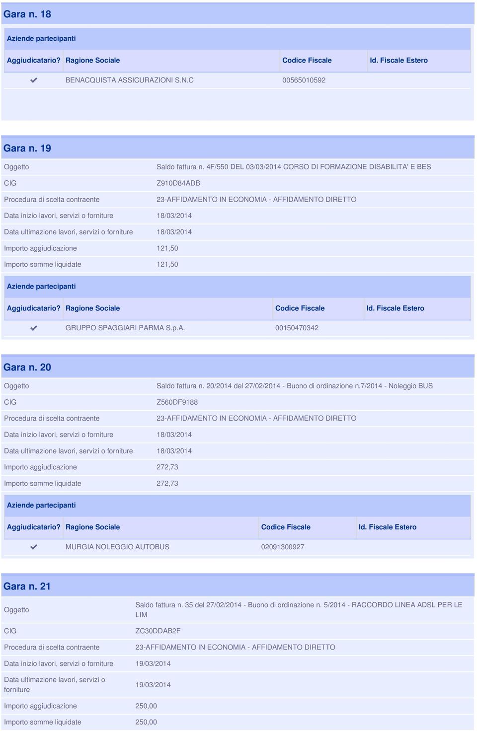 S.p.A. 00150470342 Gara n. 20 Saldo fattura n. 20/2014 del 27/02/2014 - Buono di ordinazione n.