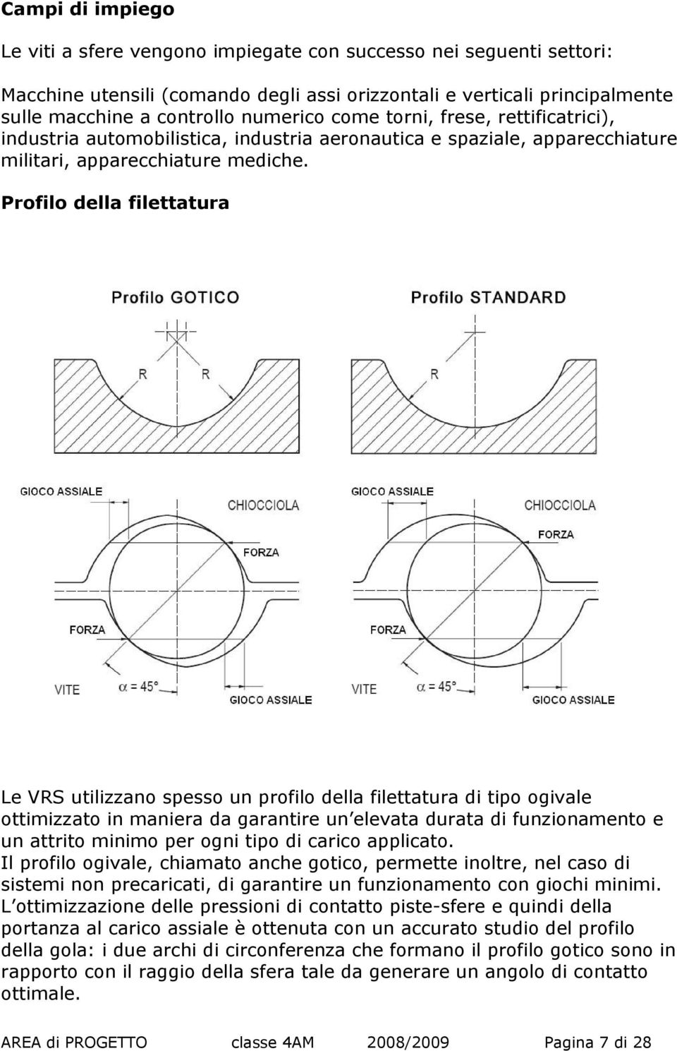 Profilo della filettatura Le VRS utilizzano spesso un profilo della filettatura di tipo ogivale ottimizzato in maniera da garantire un elevata durata di funzionamento e un attrito minimo per ogni