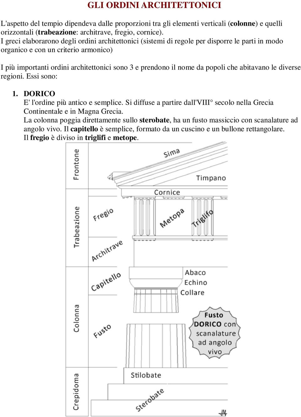 nome da popoli che abitavano le diverse regioni. Essi sono: 1. DORICO E' l'ordine più antico e semplice. Si diffuse a partire dall'viii secolo nella Grecia Continentale e in Magna Grecia.