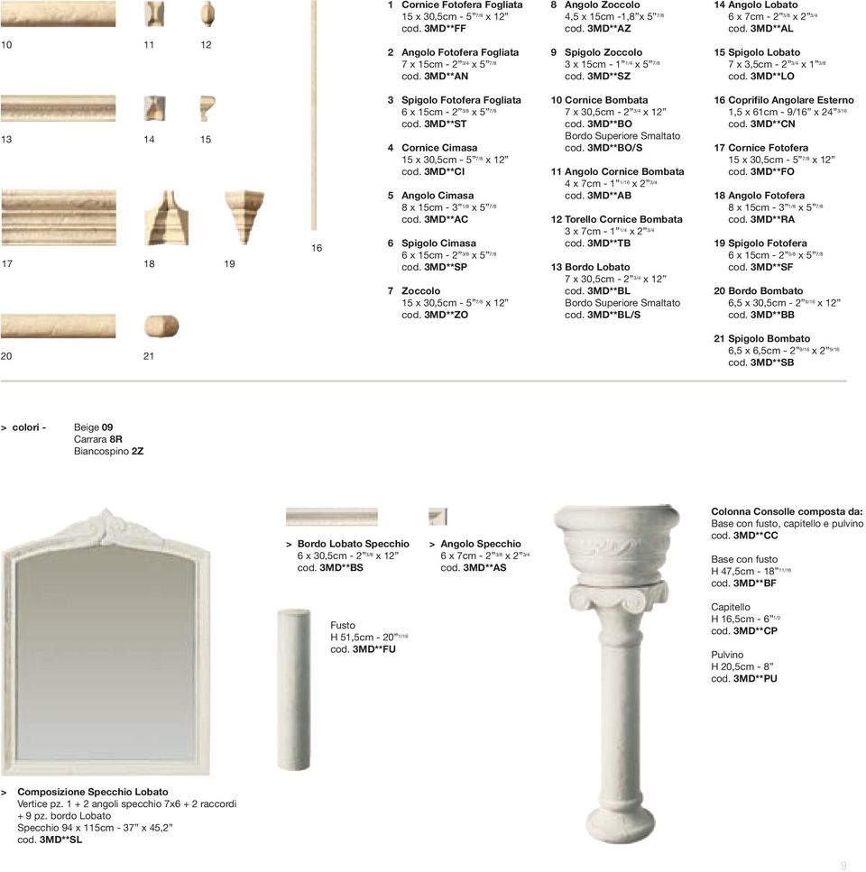 3MD**LO 13 14 15 17 18 19 16 3 Spigolo Fotofera Fogliata 6 x 15cm - 2 3/8 x 5 7/8 cod. 3MD**ST 4 Cornice Cimasa 15 x 30,5cm - 5 7/8 x 12 cod. 3MD**CI 5 Angolo Cimasa 8 x 15cm - 3 1/8 x 5 7/8 cod.