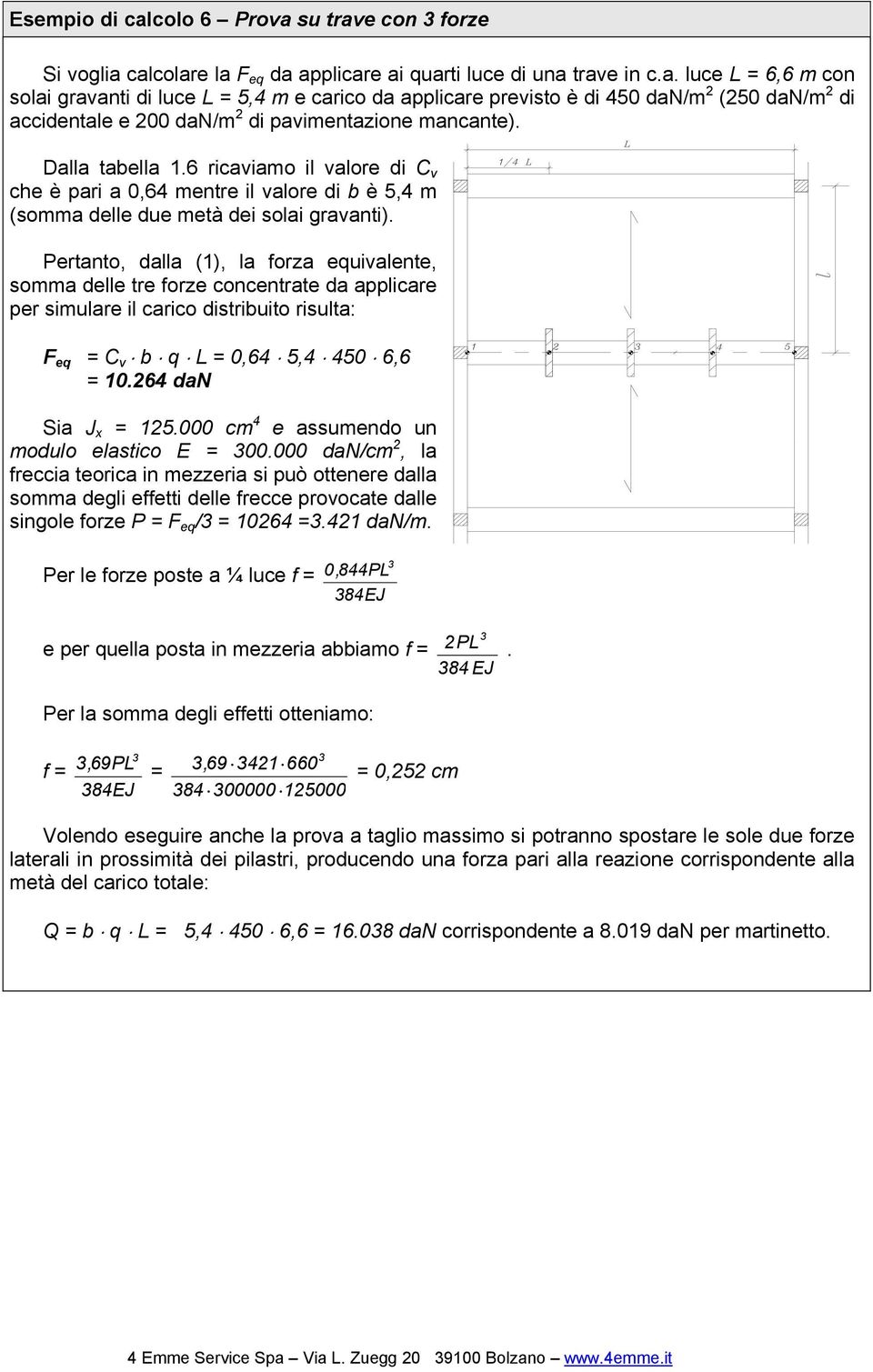 Pertanto, dalla (1), la forza equivalente, somma delle tre forze concentrate da applicare per simulare il carico distribuito risulta: F eq = C v b q L = 0,64 5,4 450 6,6 = 10.64 dan Sia J x = 15.