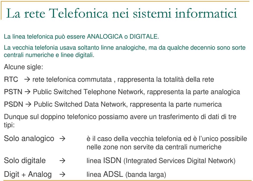 Alcune sigle: RTC rete telefonica commutata, rappresenta la totalità della rete PSTN Public Switched Telephone Network, rappresenta la parte analogica PSDN Public Switched