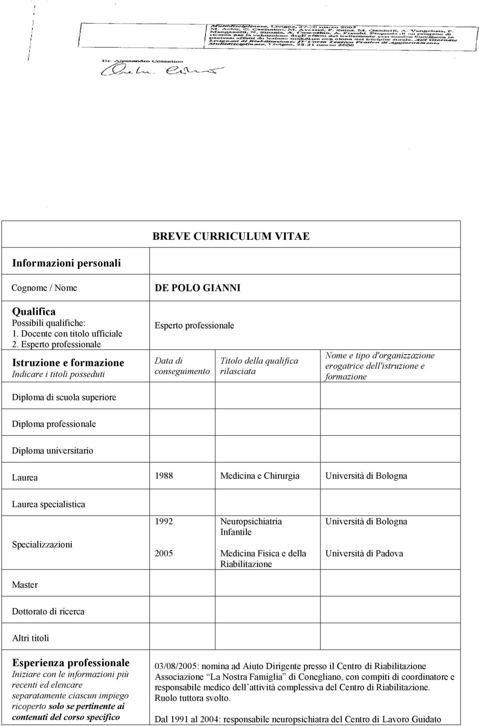 e tipo d'organizzazione erogatrice dell'istruzione e formazione Diploma professionale Diploma universitario Laurea 1988 Medicina e Chirurgia Università di Bologna Laurea specialistica