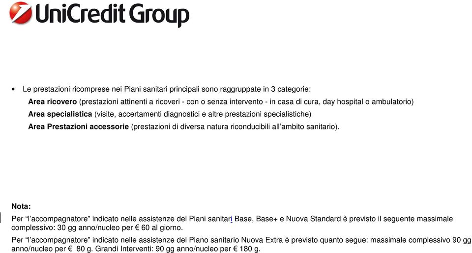 sanitario). Nota: Per l accompagnatore indicato nelle assistenze del Piani sanitari Base, Base+ e Nuova Standard è previsto il seguente massimale complessivo: 30 gg anno/nucleo per 60 al giorno.