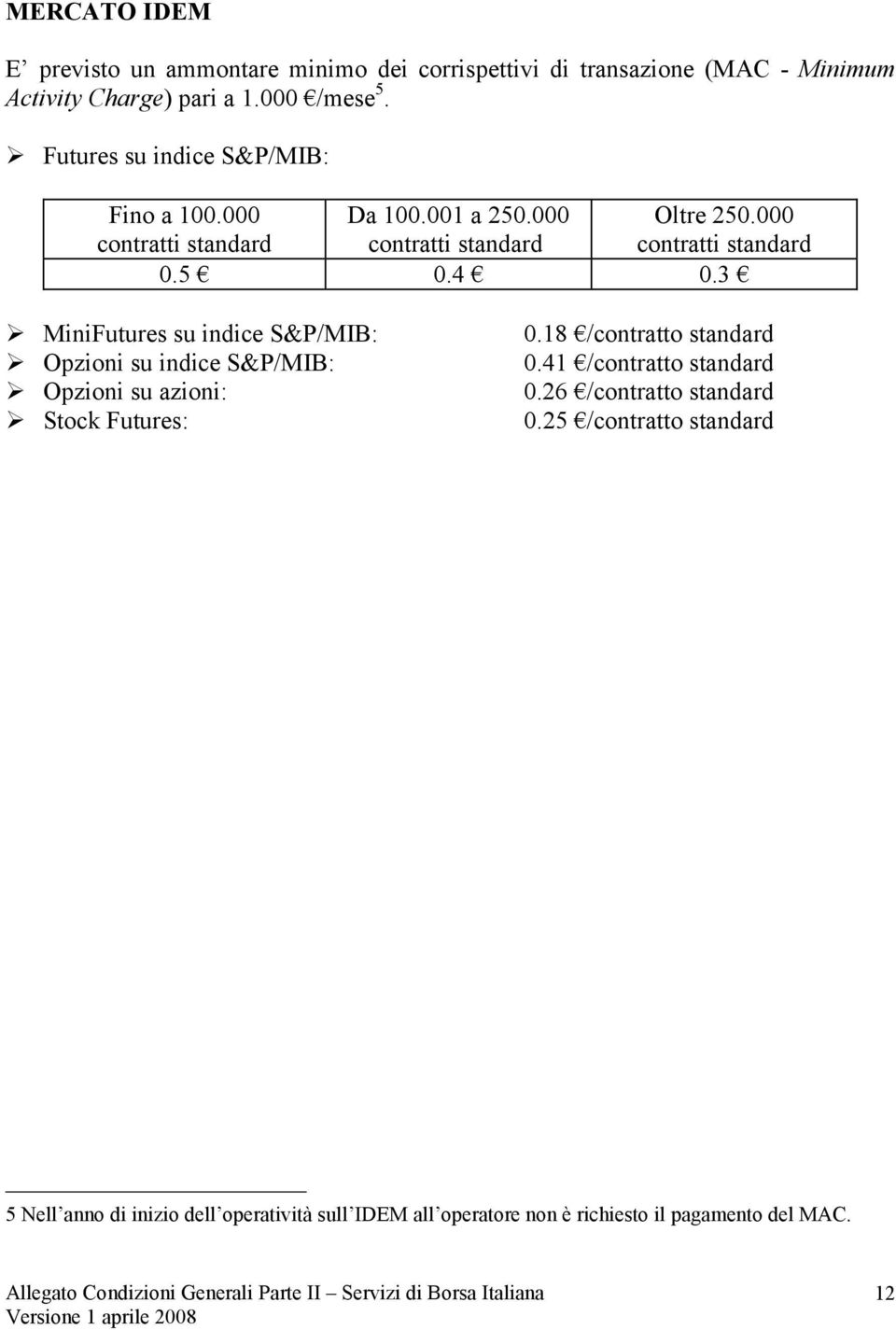 4 0.3 MiniFutures su indice S&P/MIB: Opzioni su indice S&P/MIB: Opzioni su azioni: Stock Futures: 0.18 /contratto standard 0.