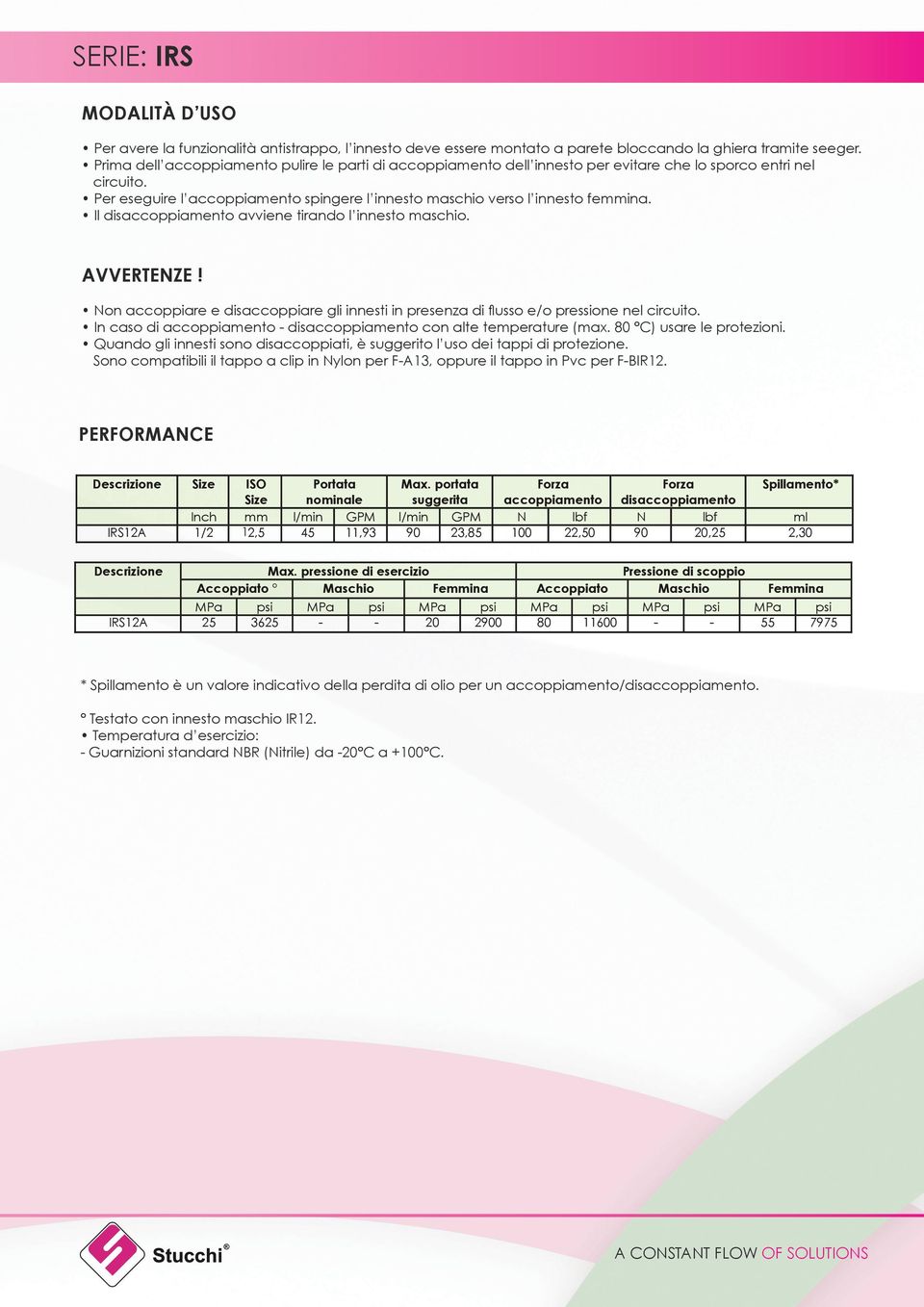 Il disaccoppiamento avviene tirando l innesto maschio. AVVERTENZE! Non accoppiare e disaccoppiare gli innesti in presenza di flusso e/o pressione nel circuito.