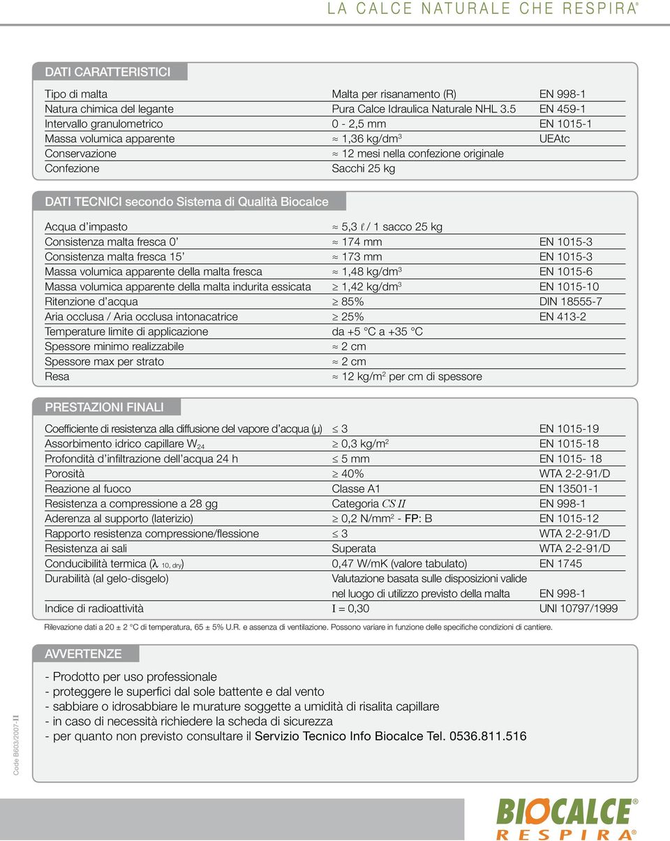 Sistema di Qualità Biocalce Acqua d impasto 5,3 l / 1 sacco 25 kg Consistenza malta fresca 0 174 mm EN 1015-3 Consistenza malta fresca 15 173 mm EN 1015-3 Massa volumica apparente della malta fresca