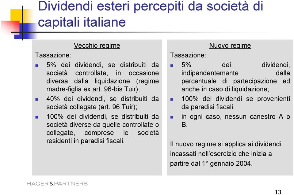 96 Tuir); 100% dei dividendi, se distribuiti da società diverse da quelle controllate o collegate, comprese le società residenti in paradisi fiscali.