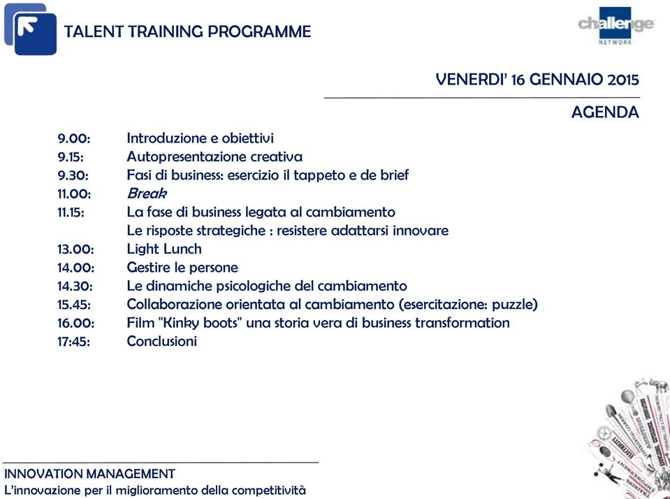 15: La fase di business legata al cambiamento Le risposte strategiche : resistere adattarsi innovare 13.00: Light Lunch 14.