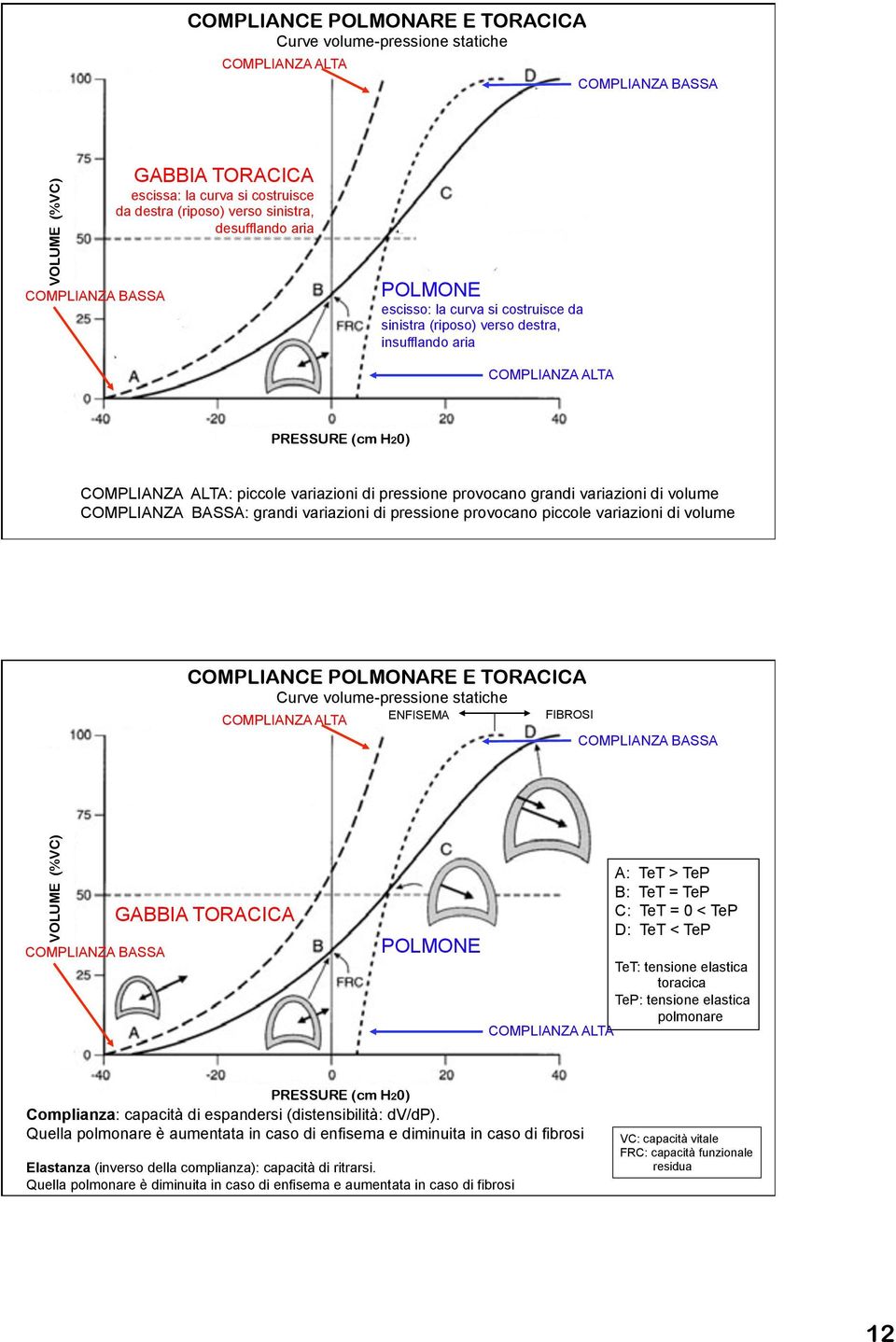 variazioni di pressione provocano grandi variazioni di volume COMPLIANZA BASSA: grandi variazioni di pressione provocano piccole variazioni di volume COMPLIANCE POLMONARE E TORACICA Curve
