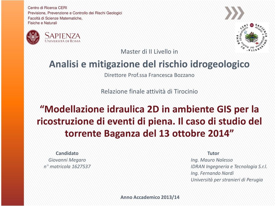 ssa Francesca Bozzano Relazione finale attività di Tirocinio Modellazione idraulica 2D in ambiente GIS per la ricostruzione di eventi di piena.