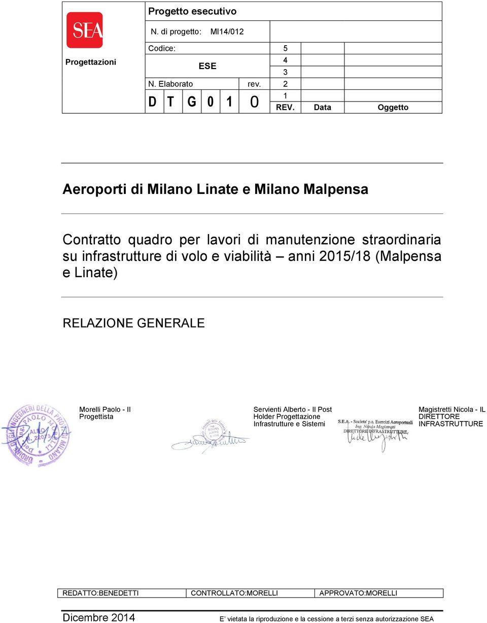 su infrastrutture di volo e viabilità anni 2015/18 (Malpensa e Linate) RELAZIONE GENERALE REDATTO:BENEDETTI