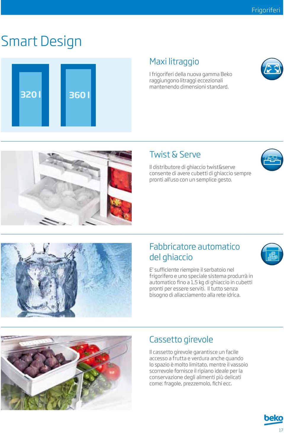 Fabbricatore automatico del ghiaccio E sufficiente riempire il serbatoio nel frigorifero e uno speciale sistema produrrà in automatico fino a,5 kg di ghiaccio in cubetti pronti per essere serviti.