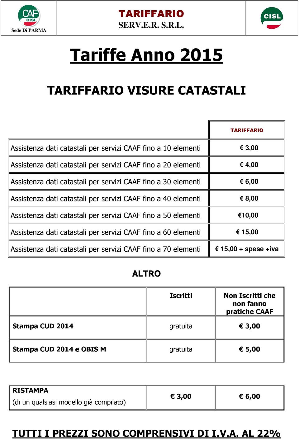 Assistenza dati catastali per servizi CAAF fino a 60 elementi 15,00 Assistenza dati catastali per servizi CAAF fino a 70 elementi 15,00 + spese +iva ALTRO Non che non fanno