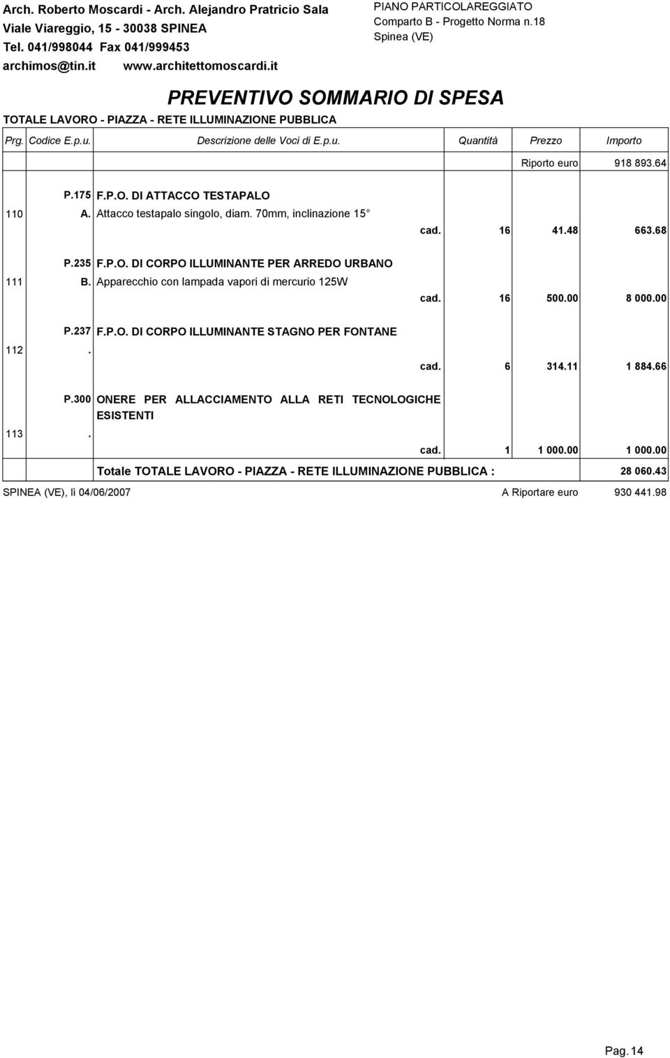 16 500.00 8 000.00 P.237 F.P.O. DI CORPO ILLUMINANTE STAGNO PER FONTANE 112. cad. 6 314.11 1 884.66 P.