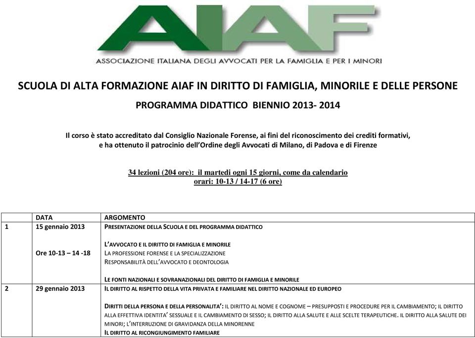 orari: 10-13 / 14-17 (6 ore) DATA 1 15 gennaio 2013 Ore 10-13 14-18 ARGOMENTO PRESENTAZIONE DELLA SCUOLA E DEL PROGRAMMA DIDATTICO L AVVOCATO E IL DIRITTO DI FAMIGLIA E MINORILE LA PROFESSIONE