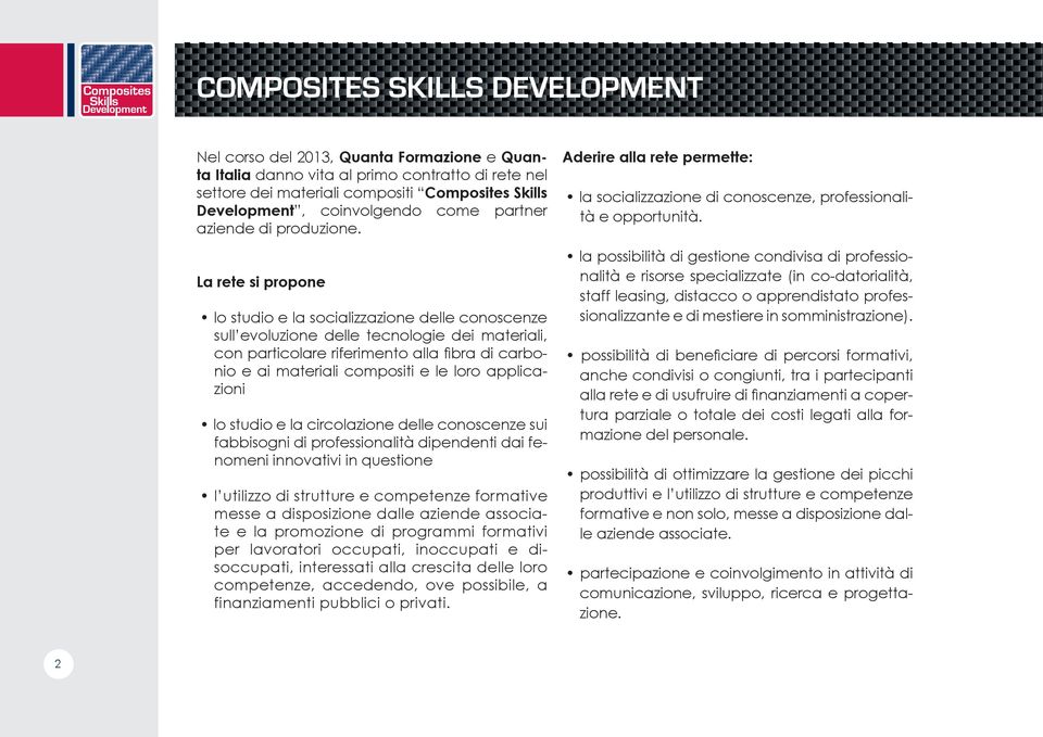 La rete si propone lo studio e la socializzazione delle conoscenze sull evoluzione delle tecnologie dei materiali, con particolare riferimento alla fibra di carbonio e ai materiali compositi e le