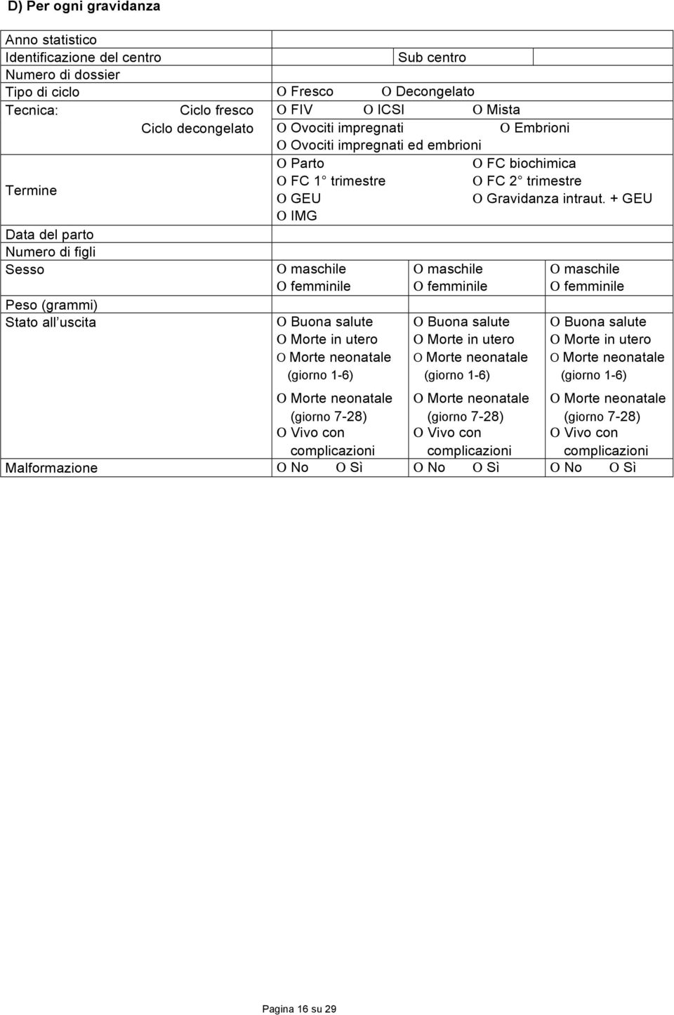 + GEU Ο IMG Data del parto Numero di figli Sesso Peso (grammi) Stato all uscita Ο maschile Ο femminile Ο Buona salute Ο Morte in utero Ο Morte neonatale (giorno 1-6) Ο Morte neonatale (giorno 7-28) Ο