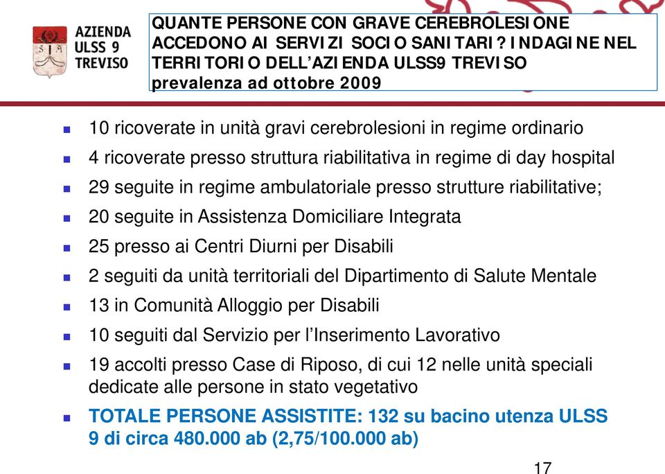 day hospital 29 seguite in regime ambulatoriale presso strutture riabilitative; 20 seguite in Assistenza Domiciliare Integrata 25 presso ai Centri Diurni per Disabili 2 seguiti da unità territoriali