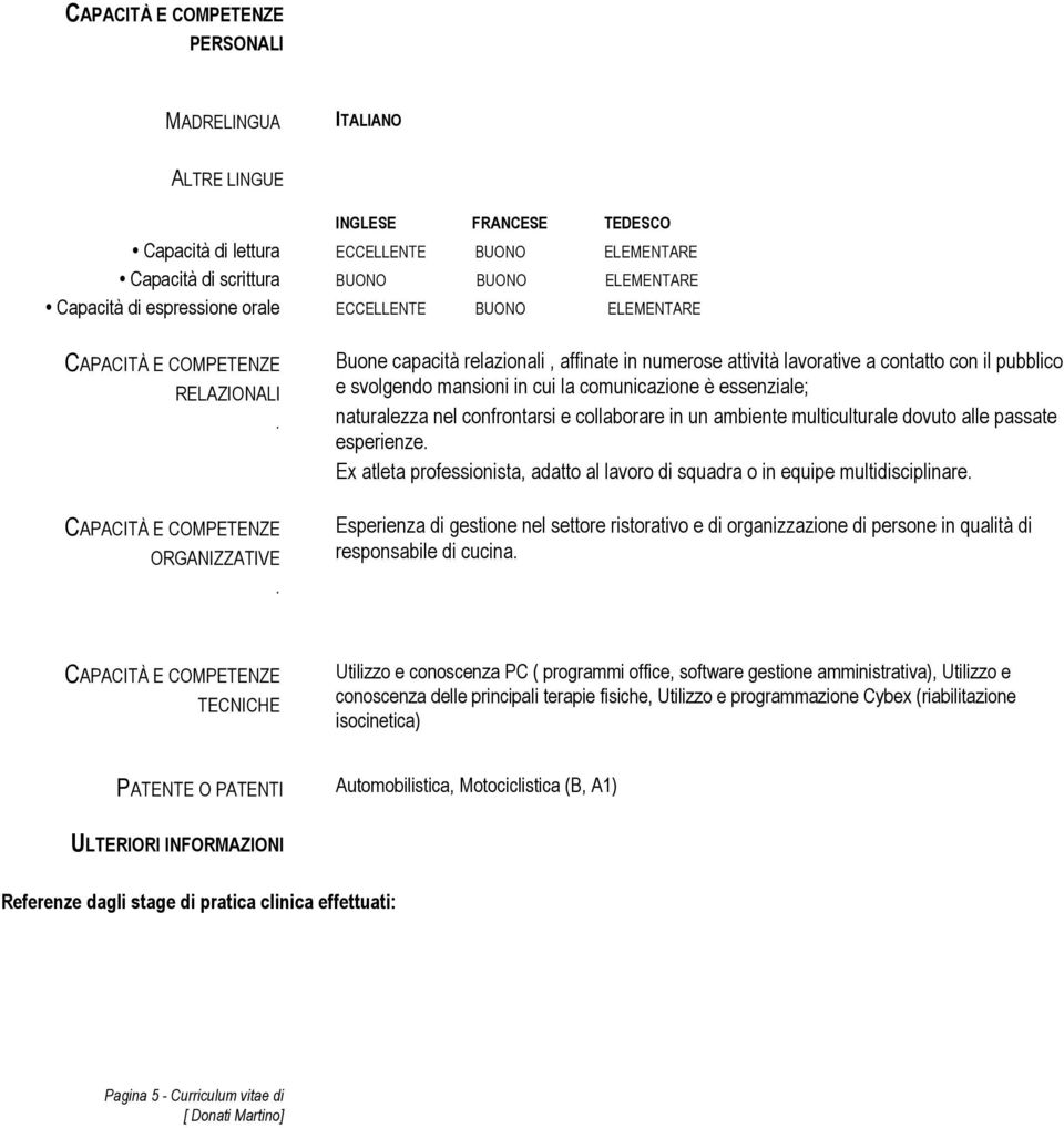 Buone capacità relazionali, affinate in numerose attività lavorative a contatto con il pubblico e svolgendo mansioni in cui la comunicazione è essenziale; naturalezza nel confrontarsi e collaborare