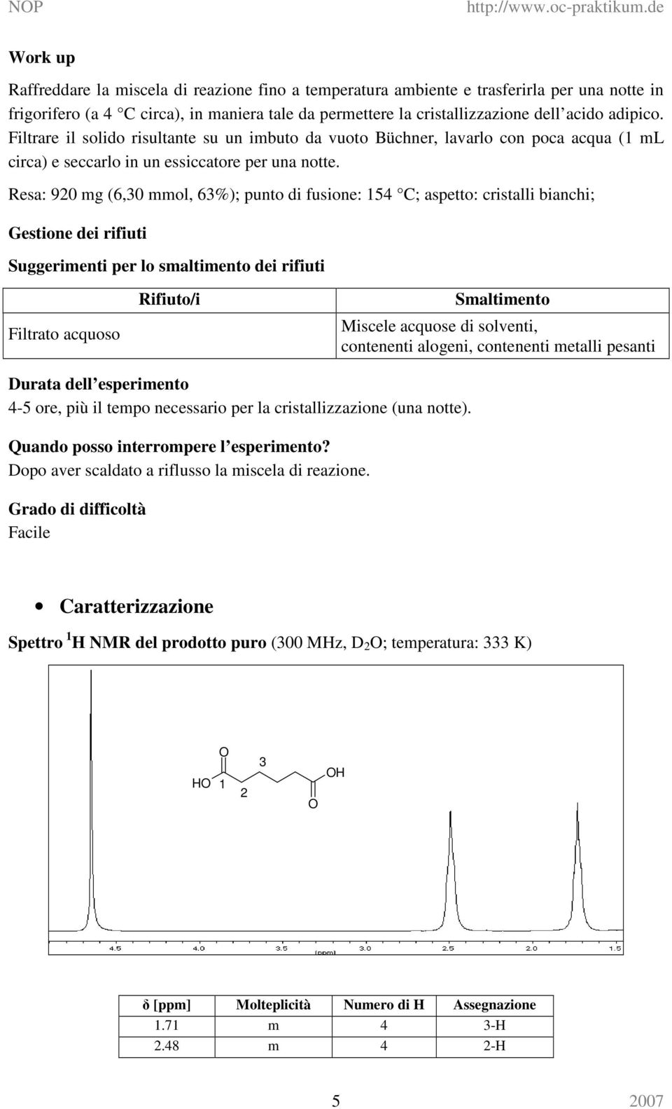 Resa: 90 mg (6,30 mmol, 63%); punto di fusione: 154 C; aspetto: cristalli bianchi; Gestione dei rifiuti Suggerimenti per lo smaltimento dei rifiuti Filtrato acquoso Rifiuto/i Smaltimento Miscele