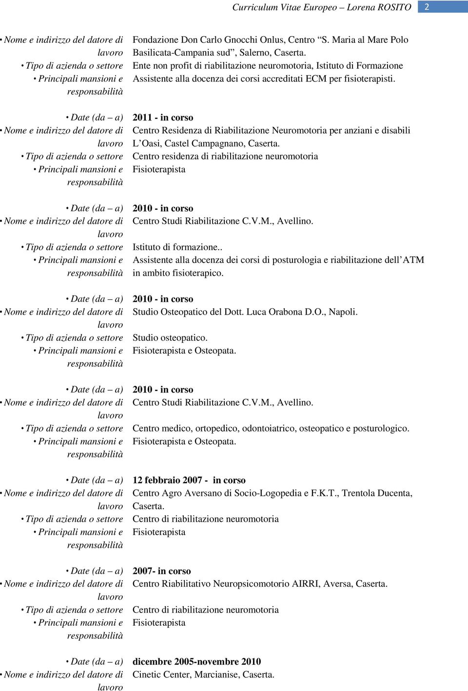 Nome e indirizzo del datore di Centro Residenza di Riabilitazione Neuromotoria per anziani e disabili L Oasi, Castel Campagnano, Caserta.