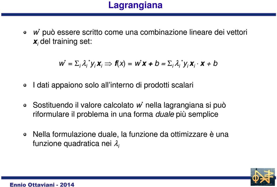 prodotti scalari Sostituendo il valore calcolato w * nella lagrangiana si può riformulare il problema in