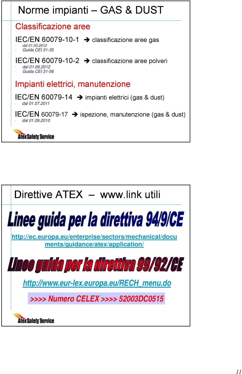 2012 Guida CEI 31-56 Impianti elettrici, manutenzione IEC/EN 60079-14 impianti i i elettrici i (gas & dust) dal 01.07.2011 IEC/EN 60079-17 ispezione, manutenzione (gas & dust) dal 01.