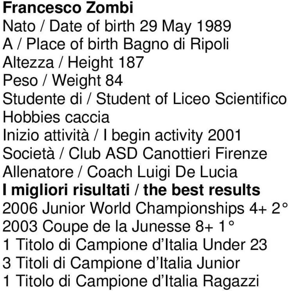 ASD Canottieri Firenze Allenatore / Coach Luigi De Lucia 2006 Junior World