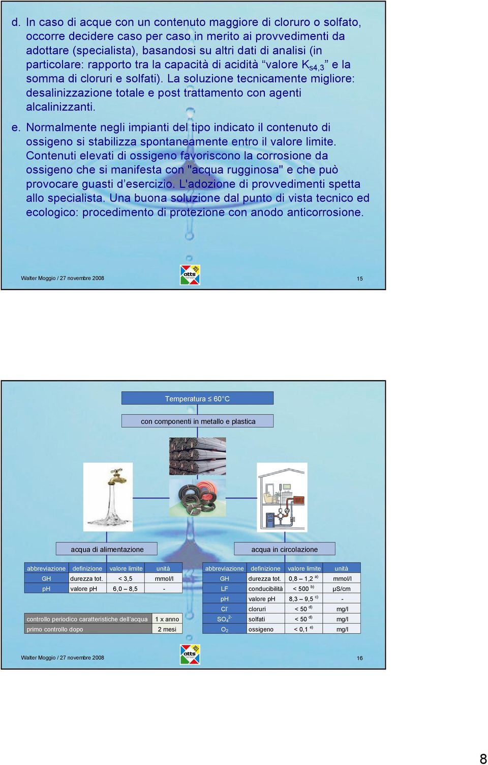 La soluzione tecnicamente migliore: desalinizzazione totale e post trattamento con agenti alcalinizzanti. e. Normalmente negli impianti del tipo indicato il contenuto di ossigeno si stabilizza spontaneamente entro il valore limite.