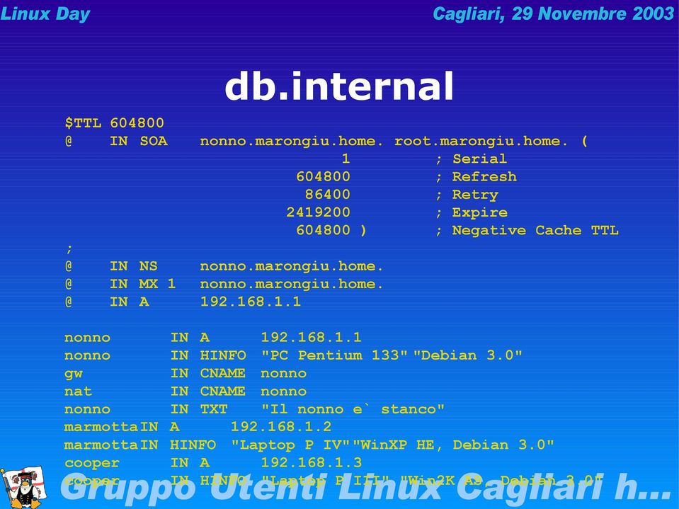 marongiu.home. @ IN A 192.168.1.1 nonno IN A 192.168.1.1 nonno IN HINFO "PC Pentium 133" "Debian 3.