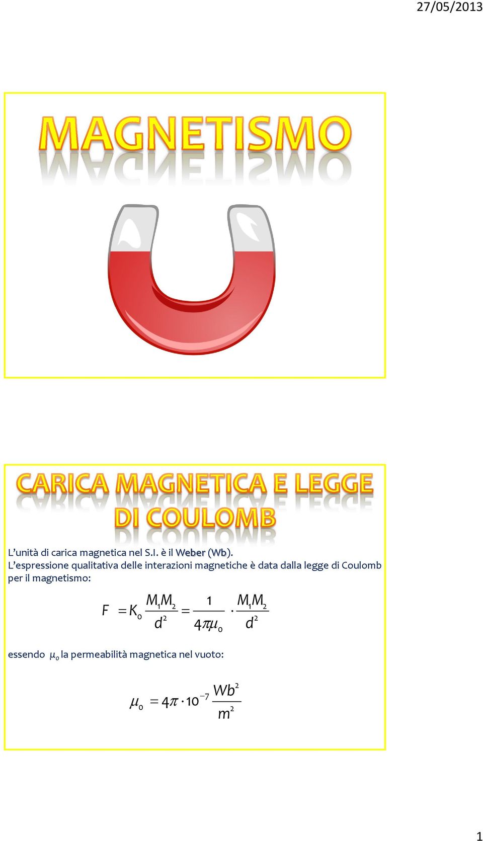 alla legge i Coulomb per il magnetismo: F K 0 1 1 4 0 1