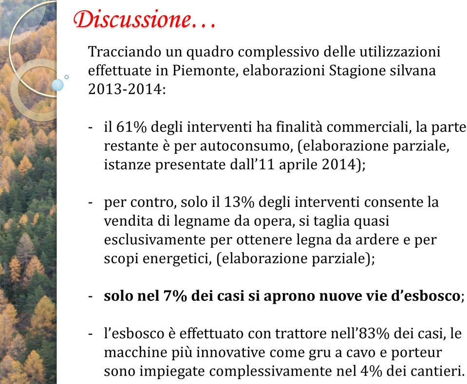 vendita di legname da opera, si taglia quasi esclusivamente per ottenere legna da ardere e per scopi energetici, (elaborazione parziale); - solo nel 7% dei casi si aprono