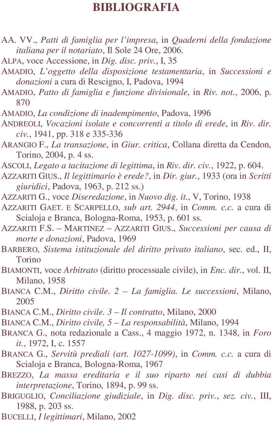 870 AMADIO, La condizione di inadempimento, Padova, 1996 ANDREOLI, Vocazioni isolate e concorrenti a titolo di erede, in Riv. dir. civ., 1941, pp. 318 e 335-336 ARANGIO F., La transazione, in Giur.