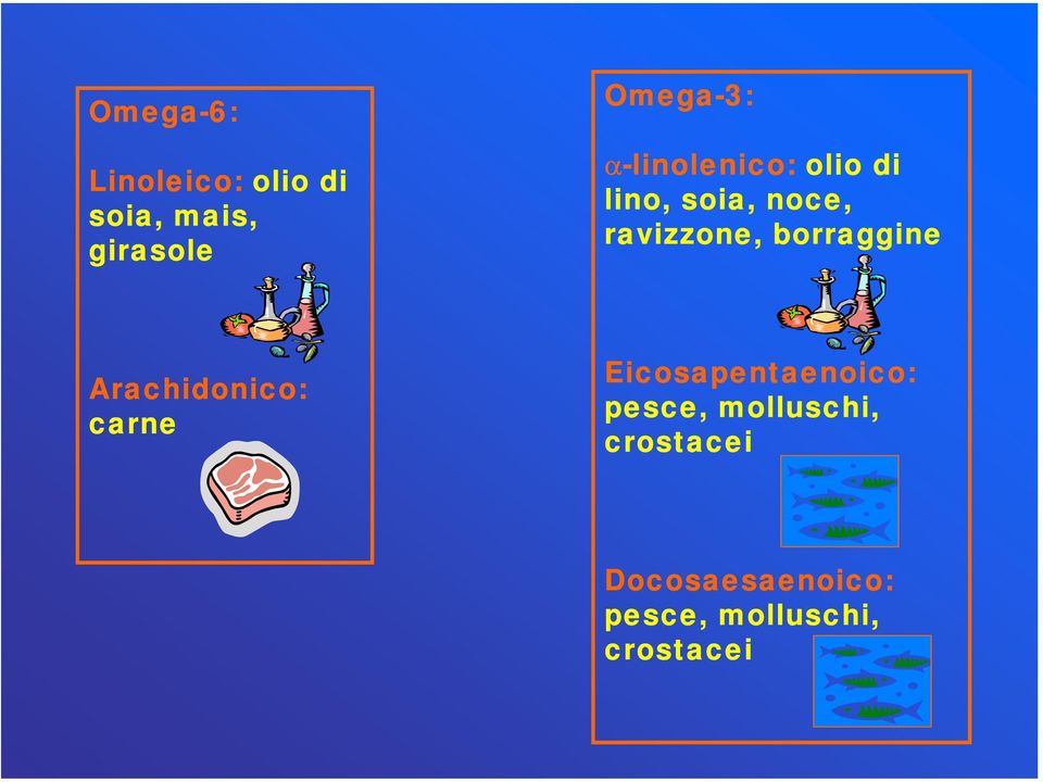 borraggine Arachidonico: carne Eicosapentaenoico: pesce,