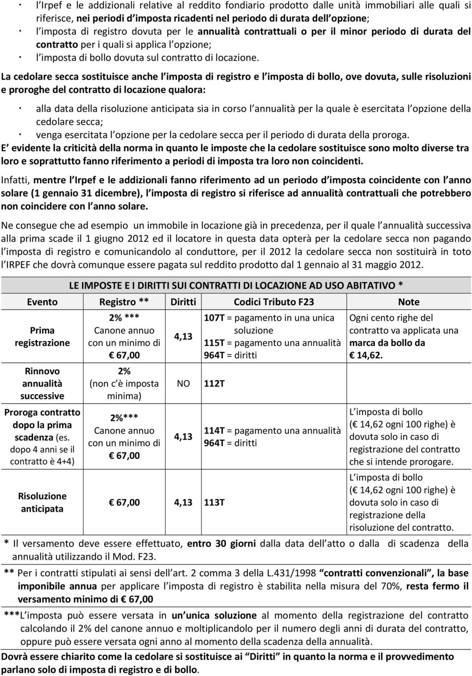 La cedolare secca sostituisce anche l imposta di registro e l imposta di bollo, ove dovuta, sulle risoluzioni e proroghe del contratto di locazione qualora: alla data della risoluzione anticipata sia