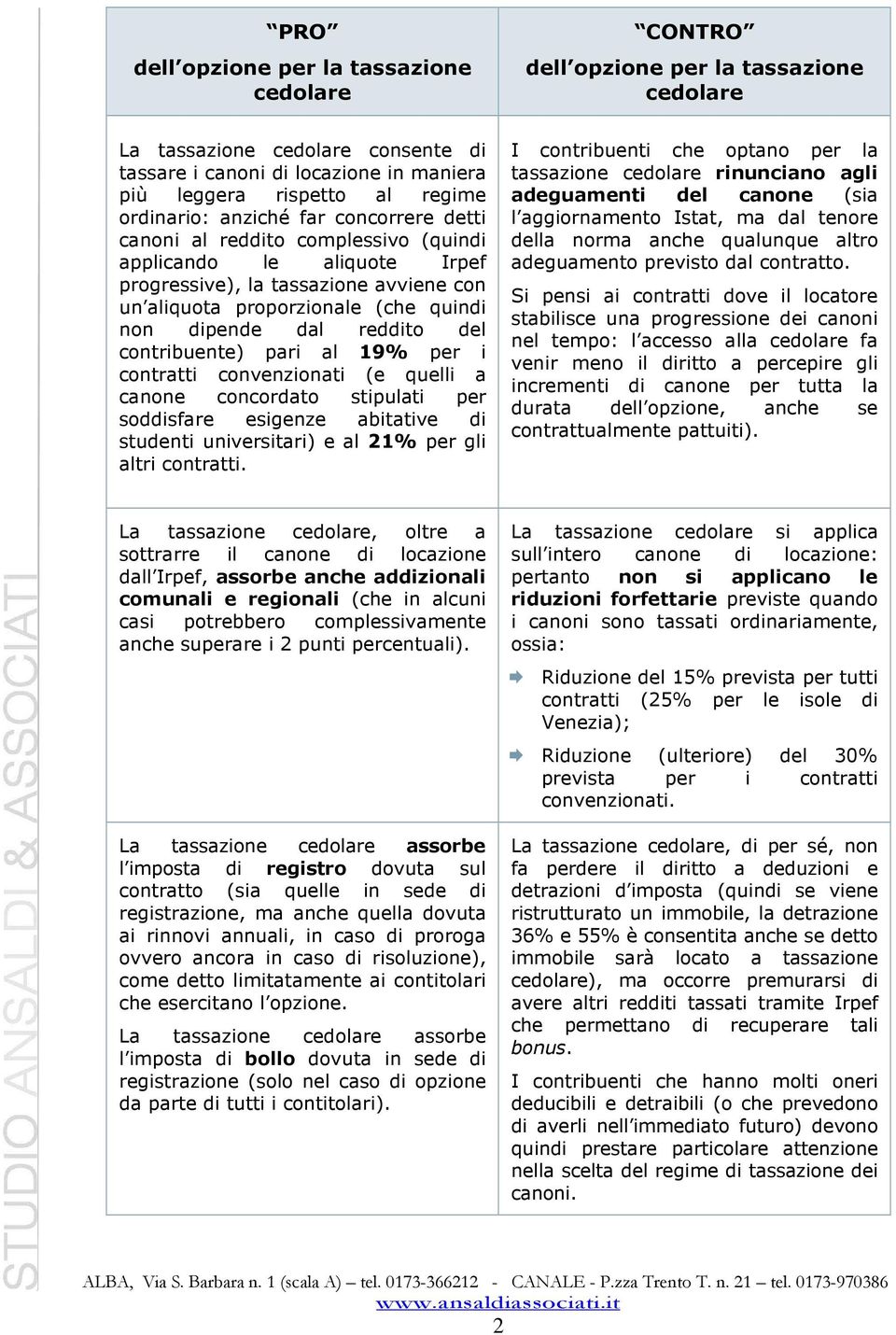 dal reddito del contribuente) pari al 19% per i contratti convenzionati (e quelli a canone concordato stipulati per soddisfare esigenze abitative di studenti universitari) e al 21% per gli altri