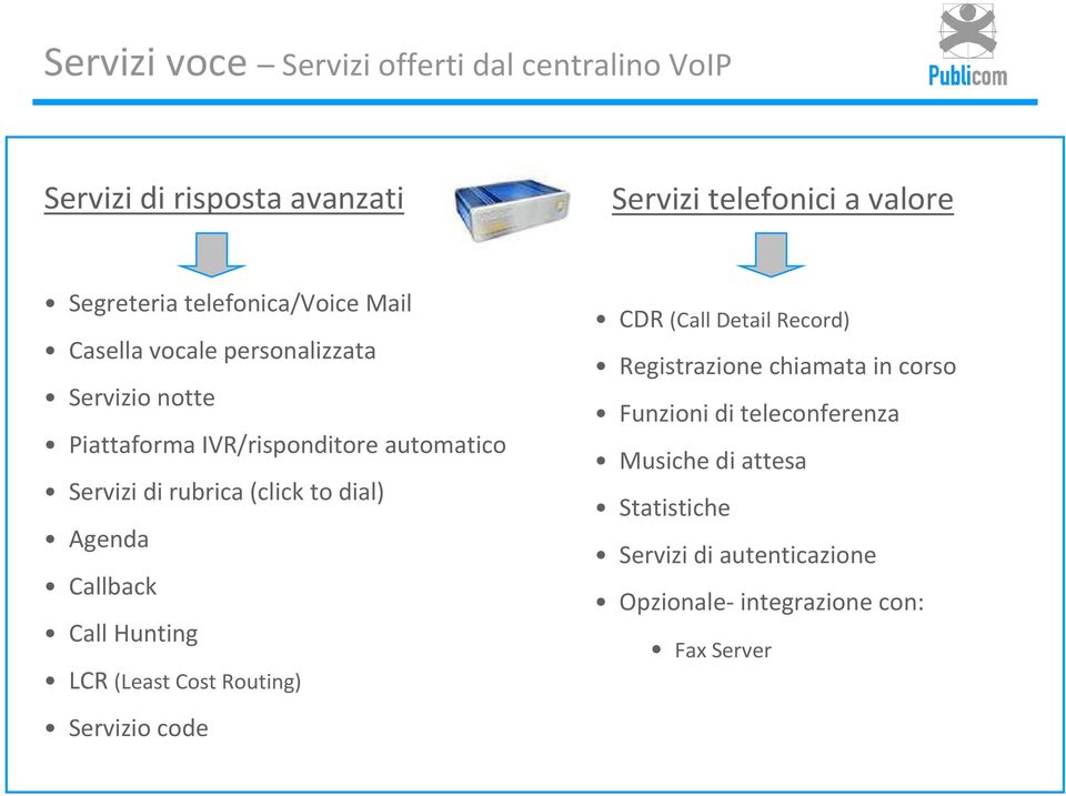 (click todial) Agenda Callback Call Hunting LCR (Least Cost Routing) Servizio code CDR (Call Detail Record) Registrazione