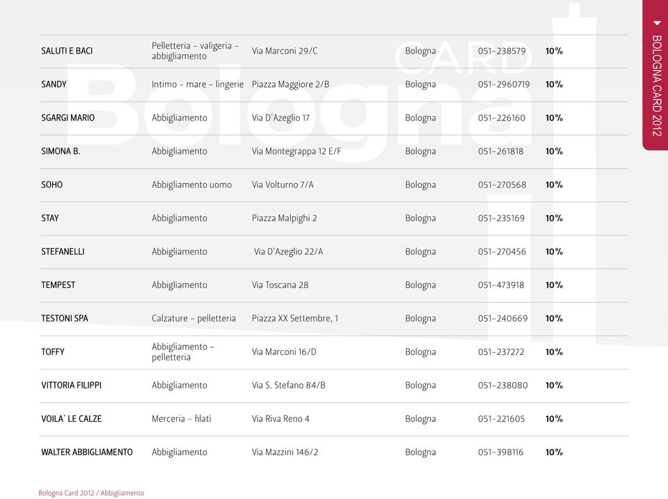 Abbigliamento Via Montegrappa 12 E/F Bologna 051-261818 10% SOHO Abbigliamento uomo Via Volturno 7/A Bologna 051-270568 10% STAY Abbigliamento Piazza Malpighi 2 Bologna 051-235169 10% STEFANELLI
